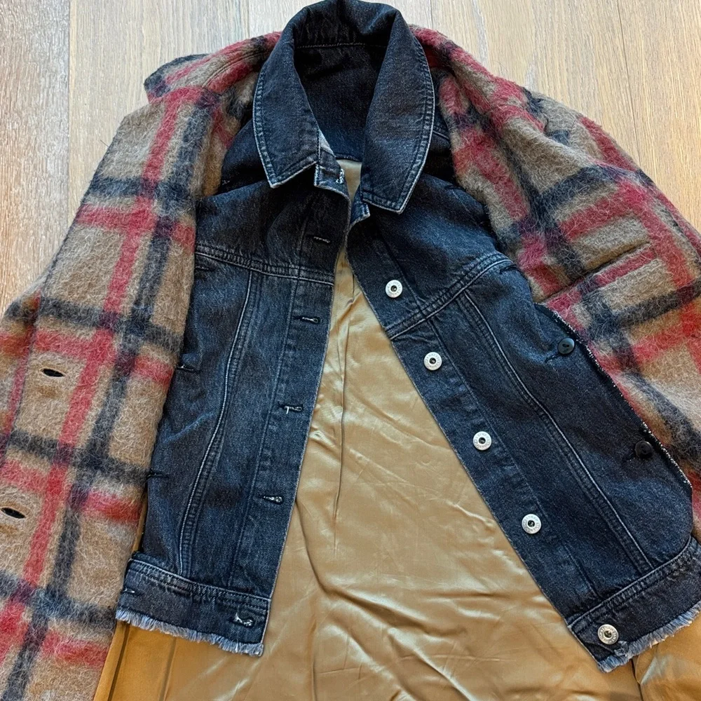 Jonathan Simkhai Grace Plaid Jacket With Denim Trucker Insert In Camel/Red/Blk